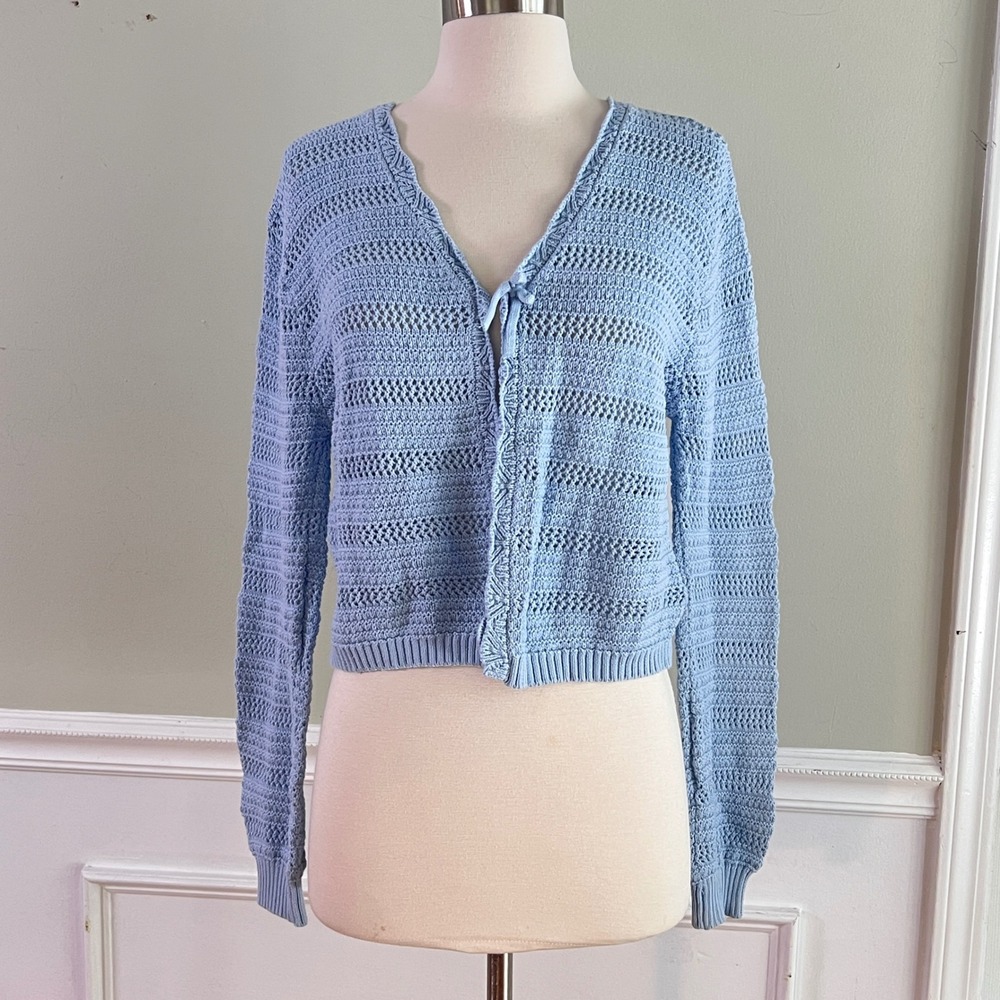 Cotton Pointelle Knit Cardigan S Women Cropped Tie Front Light Blue Coastal Boho